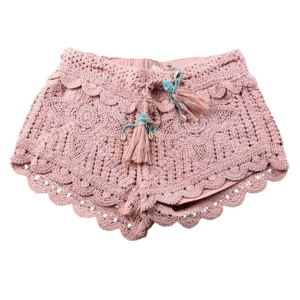 Surf Gypsy Shorts Women S Pink Floral Crochet Cotton Tassel Shell Boho Beach